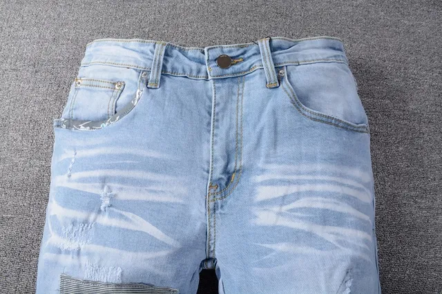 Light-Wash Distressed Patchwork Slim-Fit Jeans 12