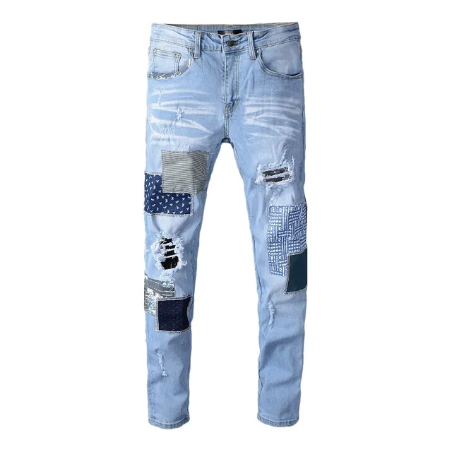 Light-Wash Distressed Patchwork Slim-Fit Jeans 13
