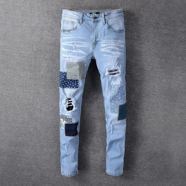 Light-Wash Distressed Patchwork Slim-Fit Jeans 14
