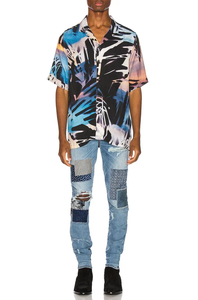 Light-Wash Distressed Patchwork Slim-Fit Jeans 15