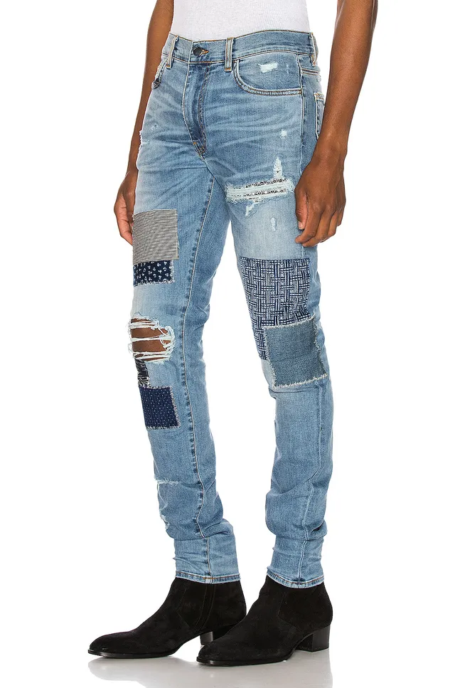 Light-Wash Distressed Patchwork Slim-Fit Jeans 17
