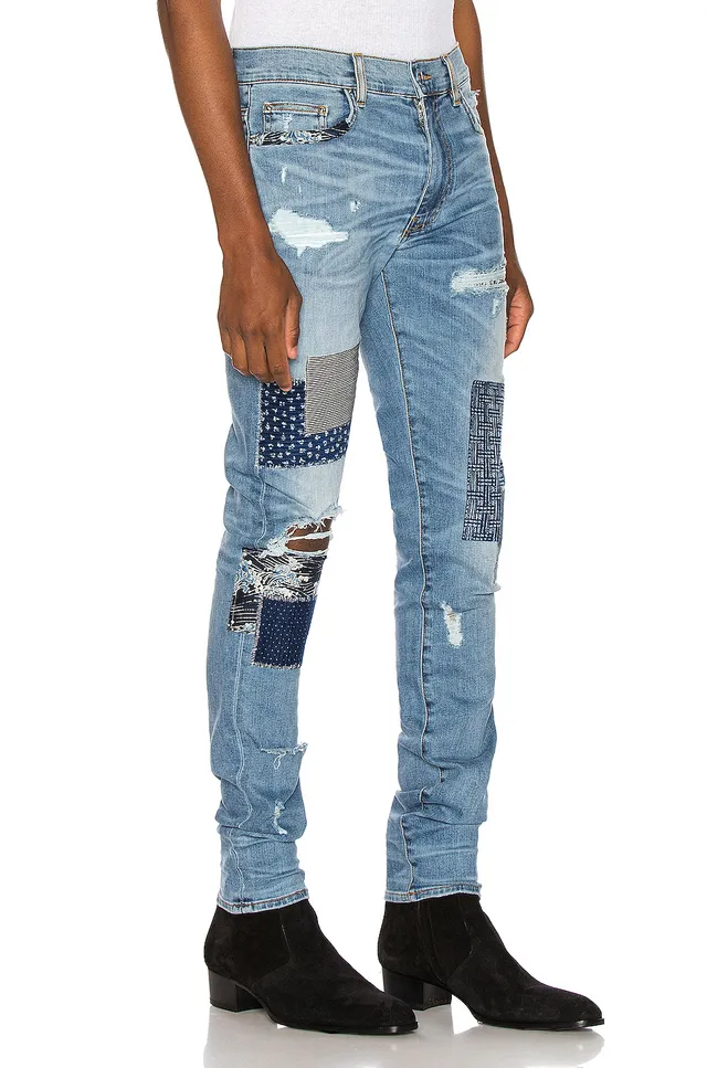Light-Wash Distressed Patchwork Slim-Fit Jeans 18