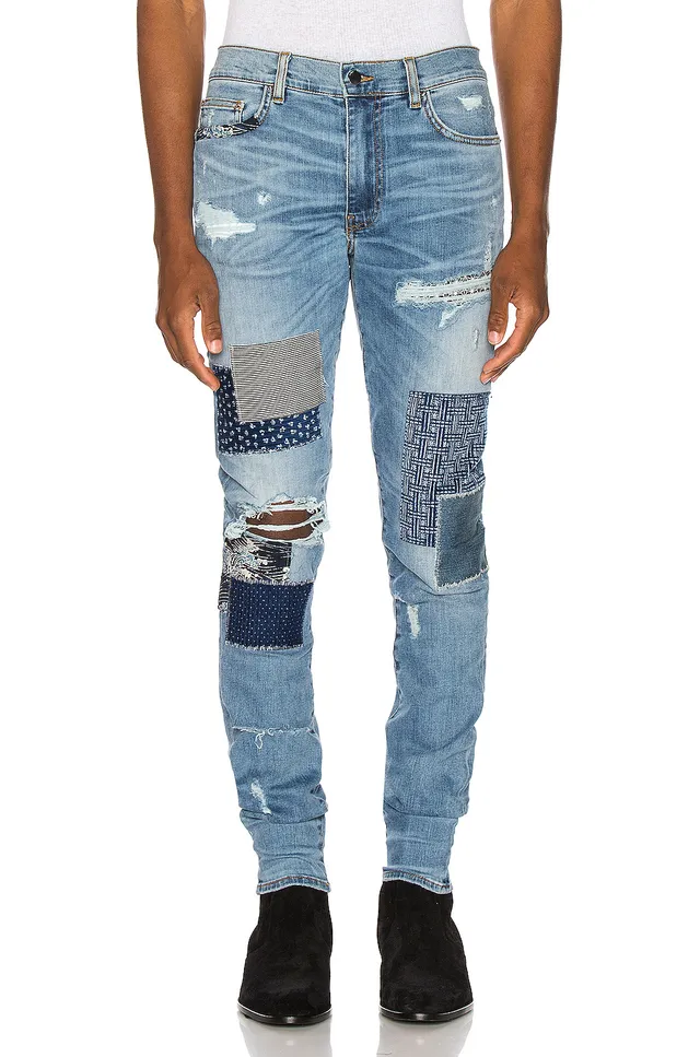 Light-Wash Distressed Patchwork Slim-Fit Jeans 19