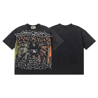 Camiseta preta desgastada com estampa de teia de aranha MAJESTIK
