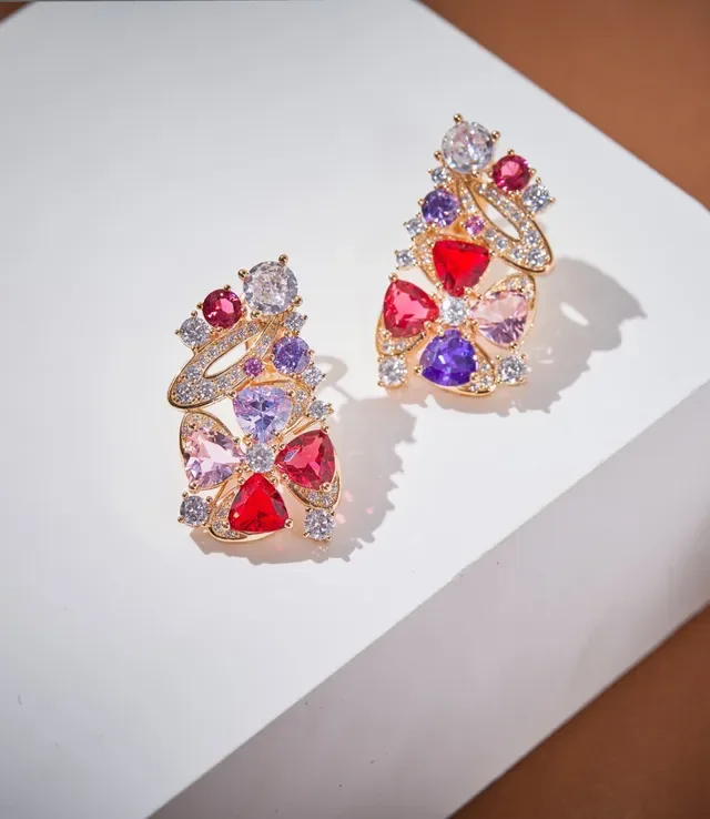 Multicolor Gemstone Floral Motif Earrings 3