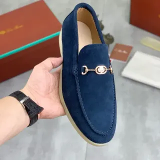 Navy Beige Suede Horsebit Buckle Loafer