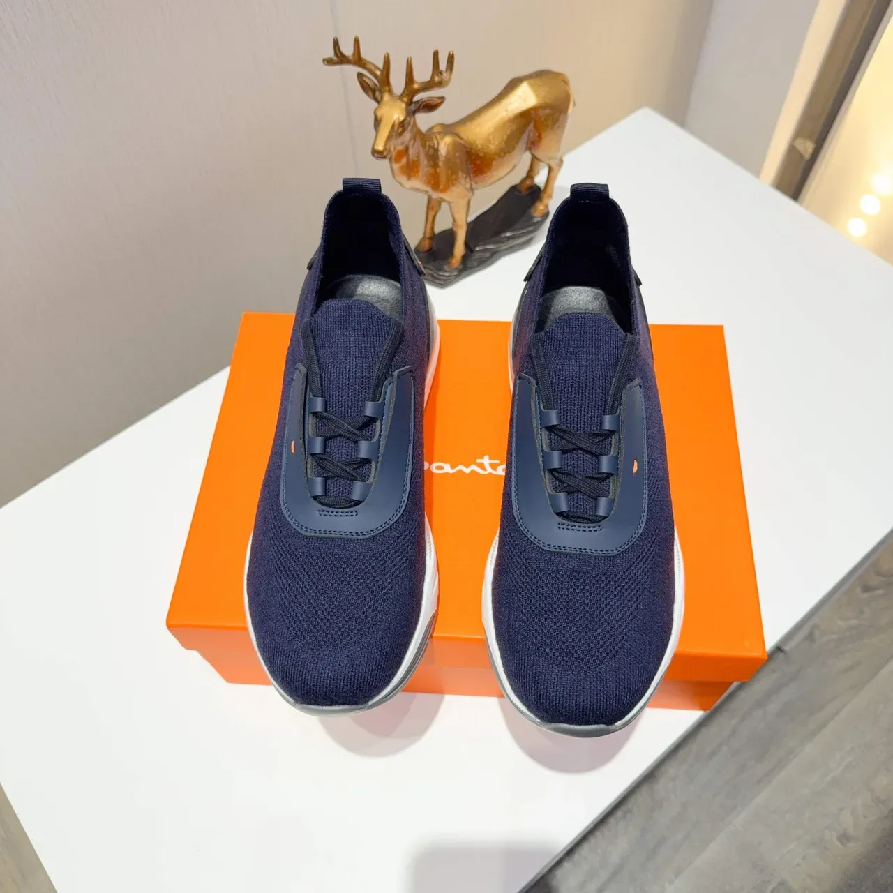 Navy Blue Knit Upper Contrast Overlay Sneakers 4