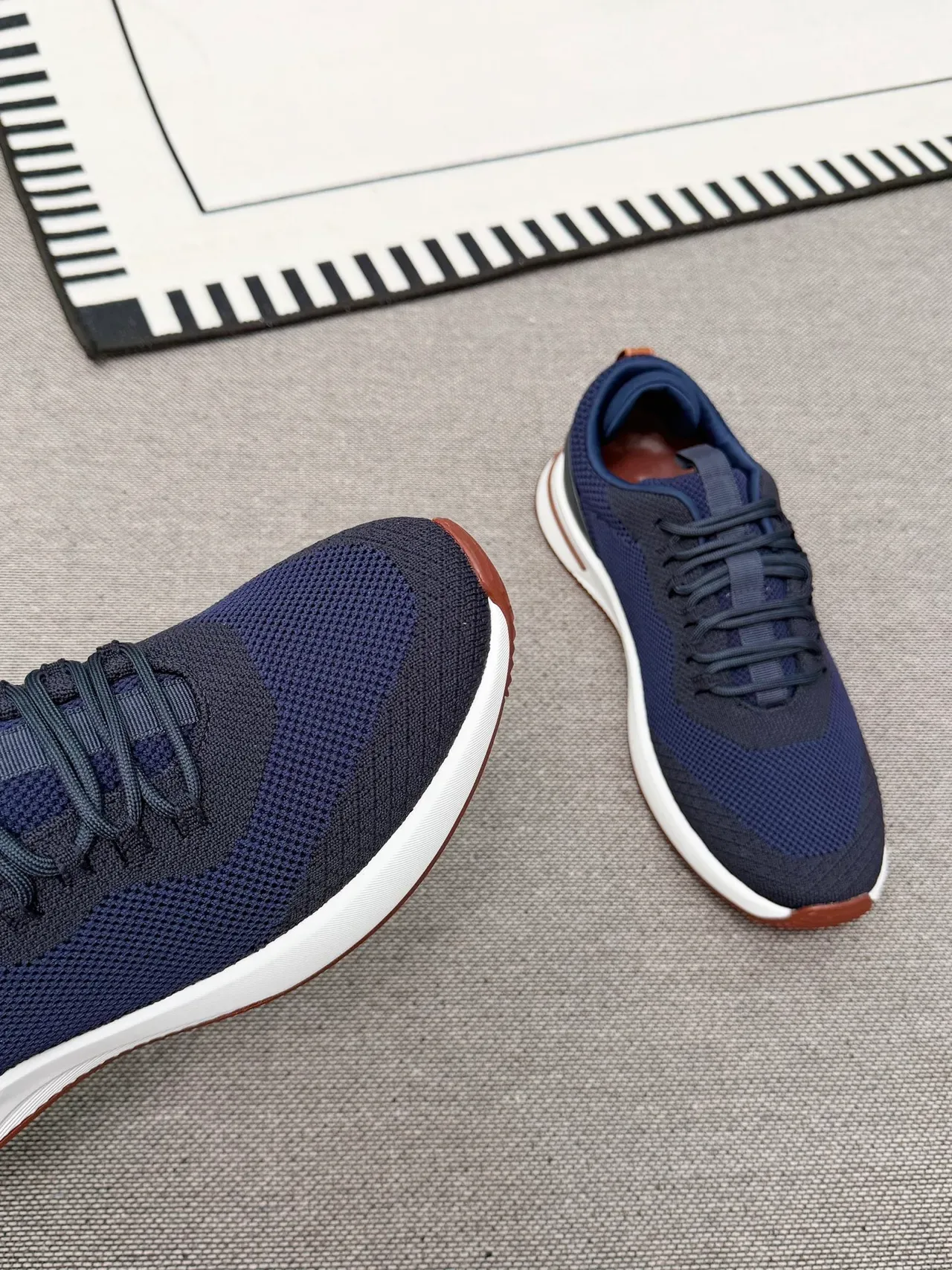Navy Brown Knit Upper Contrast White Midsole Sneakers 4