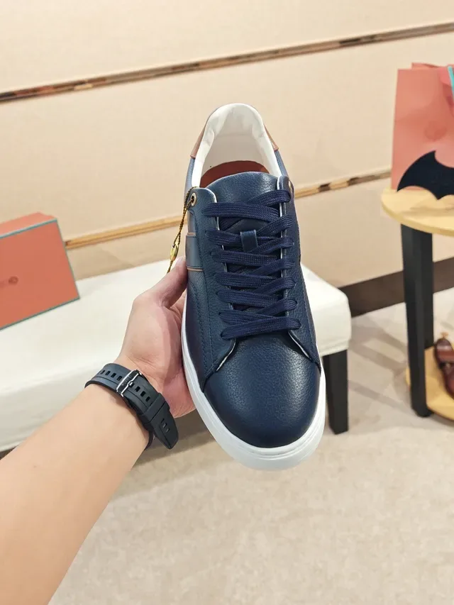 Navy Brown Leather Upper Side Stripe Accent Sneakers 6