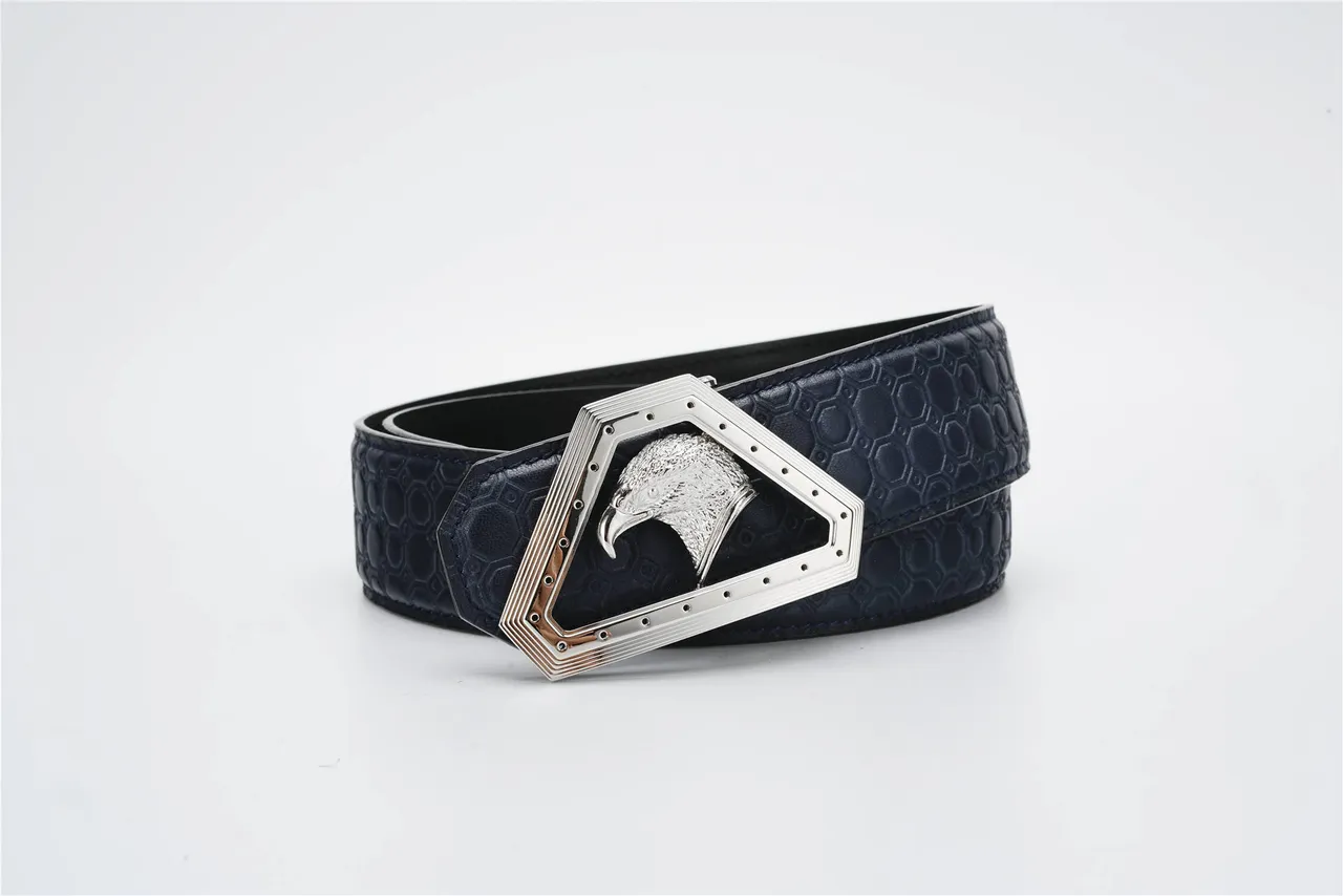 Navy Silver Honeycomb-Embossed Eagle-Head Buckle Leather Belt 4