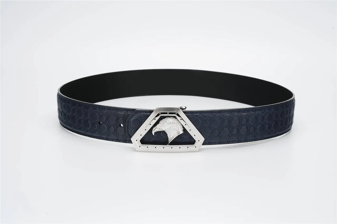 Navy Silver Honeycomb-Embossed Eagle-Head Buckle Leather Belt 9