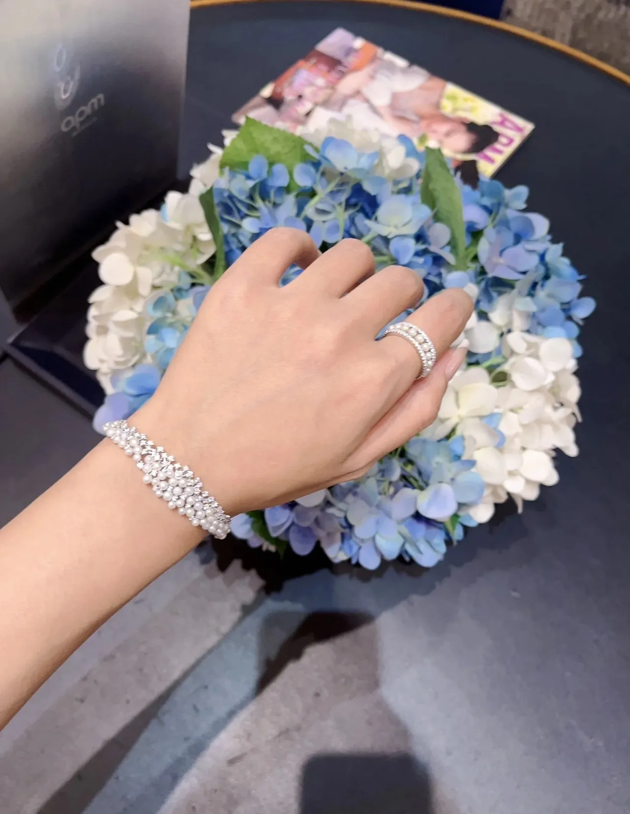 Navy Silver Pearl-Embellished Crystal-Accented Bracelet 2
