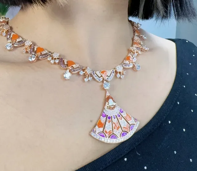 Orange Purple Fan-Shaped Pendant Geometric Gemstone Setting Necklace 6