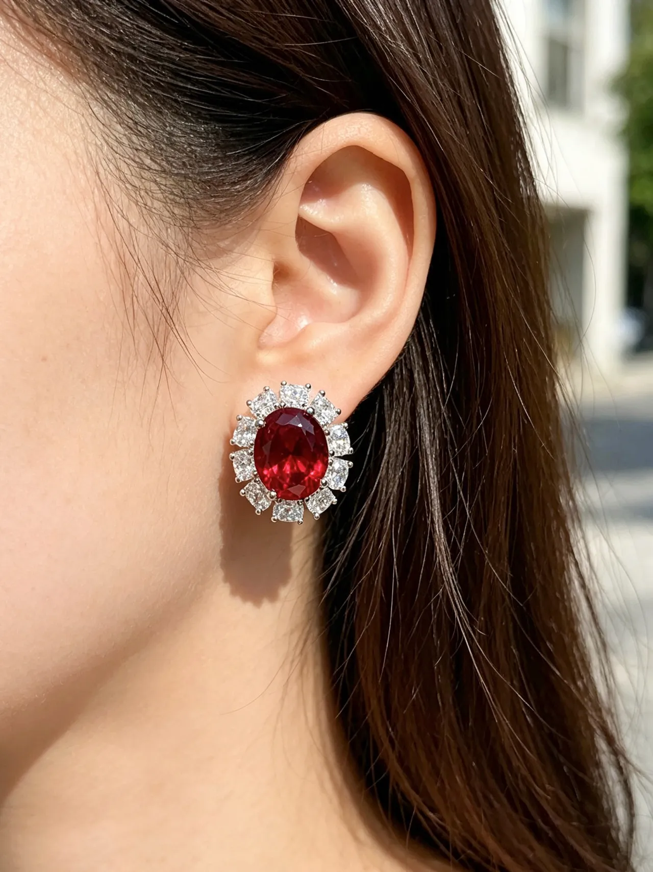 Oval Red Gemstone Halo Cluster Earring 7