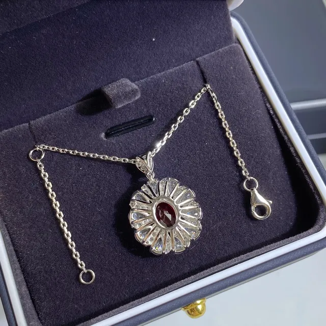 Oval Ruby Halo Floral Cluster Pendant Necklace 3