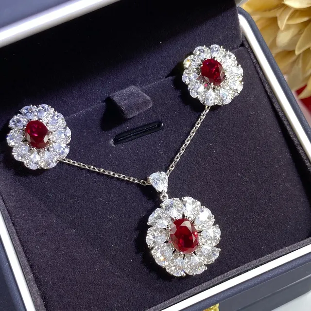 Oval Ruby Halo Floral Cluster Pendant Necklace 5