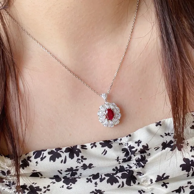 Oval Ruby Halo Floral Cluster Pendant Necklace 9