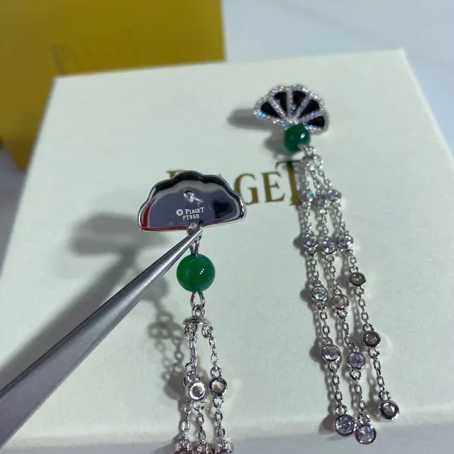 Piaget Fan Motif Green Jade and Pavé Earrings 2