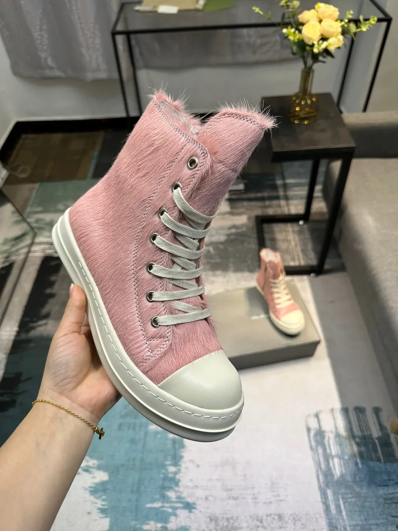 Pink Beige High-Top Hair-On-Hide Upper Sneakers 6