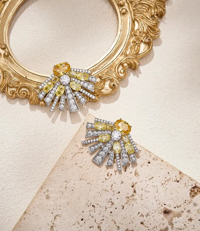 Pink Yellow Fan-Shaped Radiating Motif Pavé Diamond Rays Brooch 6