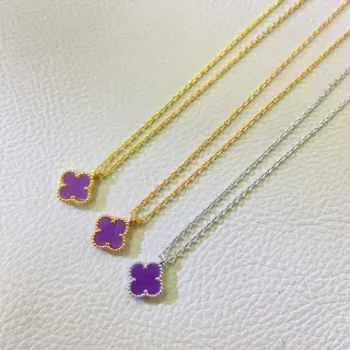 Purple Gold Clover-Shaped Pendant Beaded Bezel Edge Necklace