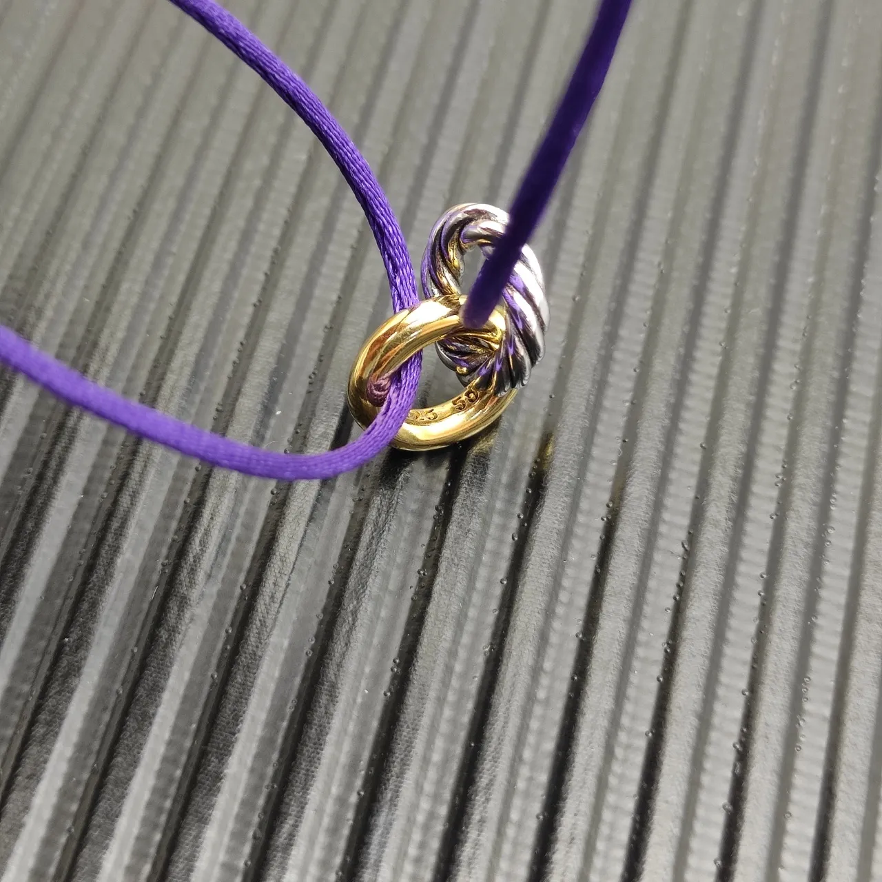 Purple Gold Silk-Like Cord Dual-Tone Interlocking Rings Bracelet 4
