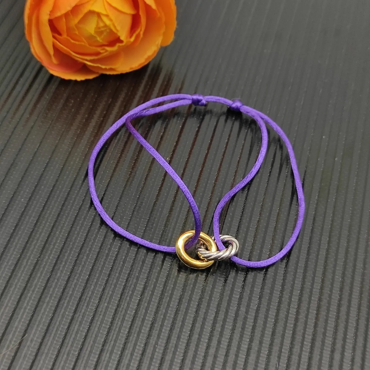 Purple Gold Silk-Like Cord Dual-Tone Interlocking Rings Bracelet 6