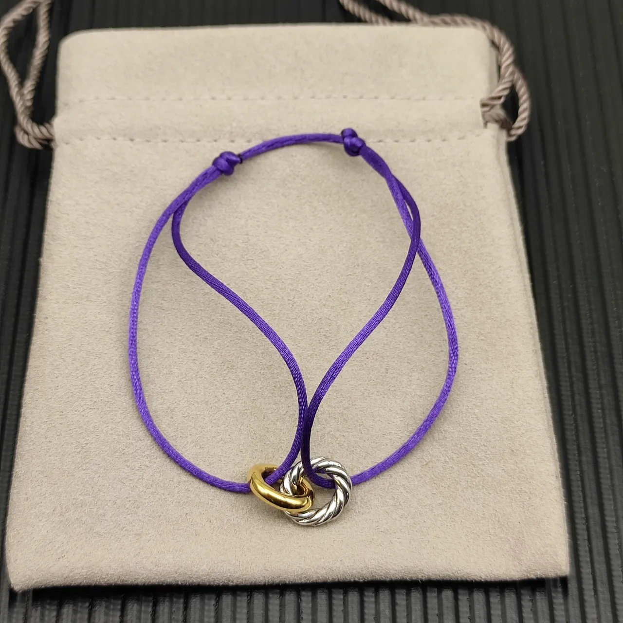 Purple Gold Silk-Like Cord Dual-Tone Interlocking Rings Bracelet 8