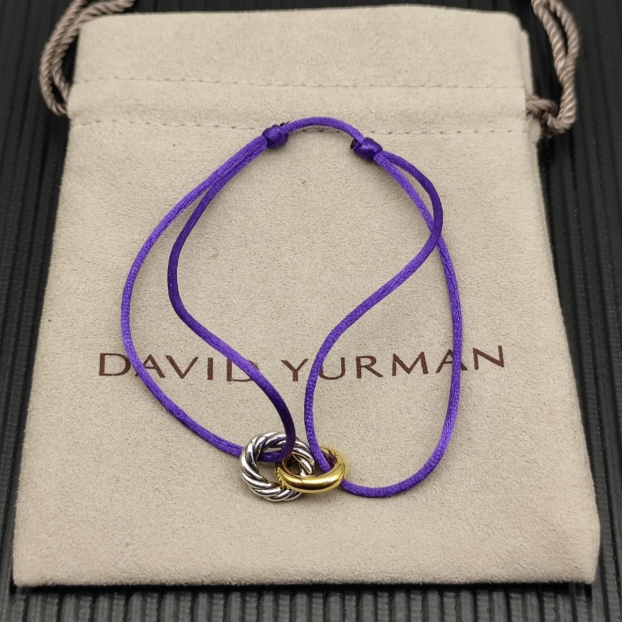 Purple Gold Silk-Like Cord Dual-Tone Interlocking Rings Bracelet 9
