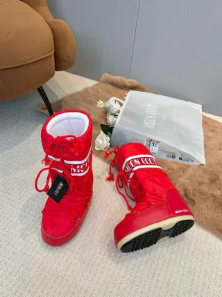 红色白色保暖高筒靴抽绳雪靴 3