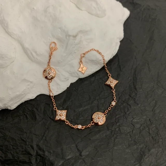 Rose Gold Pavé Floral and Square Charm Chain Bracelet 6