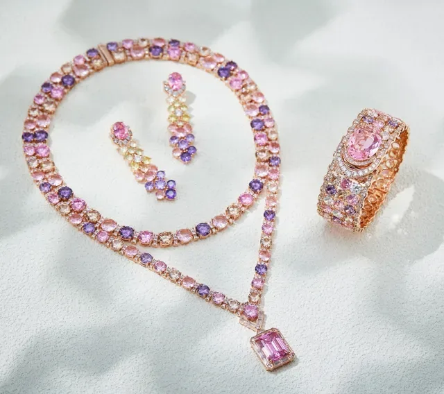 Rose Gold Pink Oval Gemstone Wide Bangle Bracelet 2