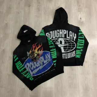 Roughplay Battle Wounds Black Green Graphic-Print Distressed Typography Hoodie