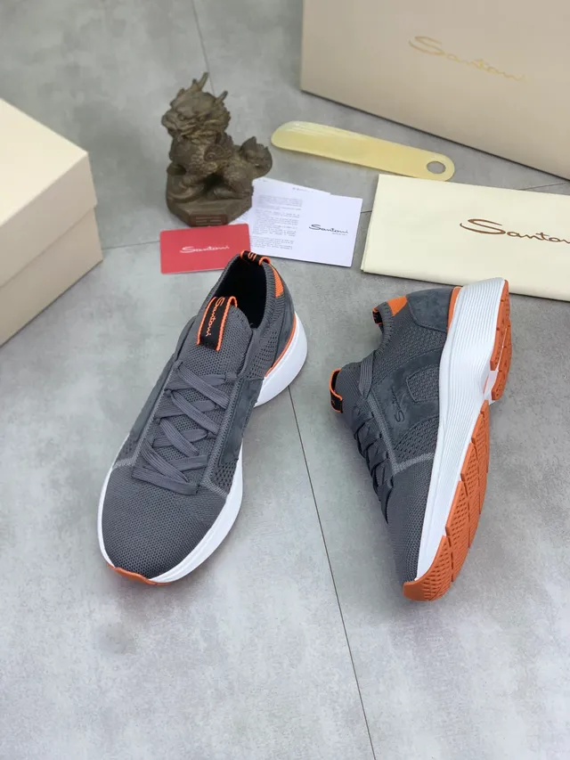 Santoni Gray Orange Knit Upper Lace-Up Sneakers 5