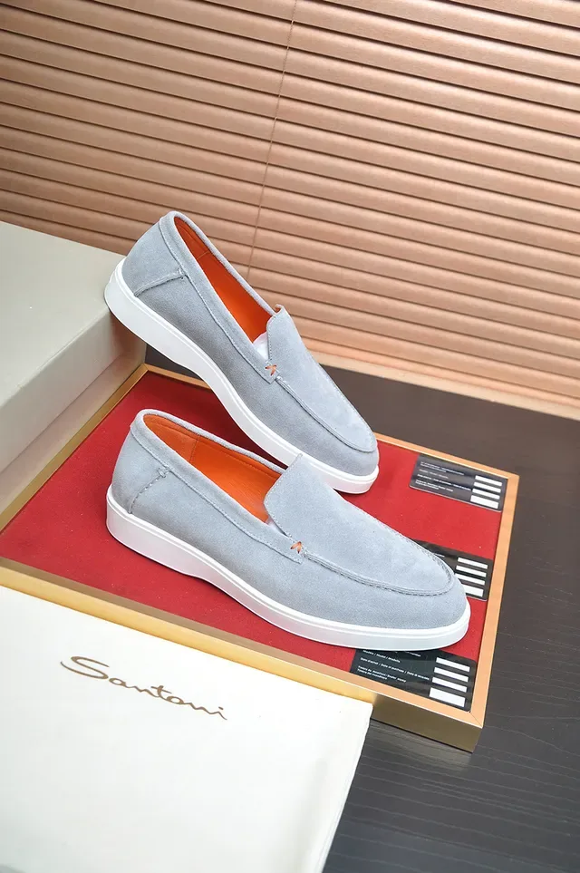 Santoni Gray Orange Suede Upper Moccasin-Stitched Vamp Loafer 4