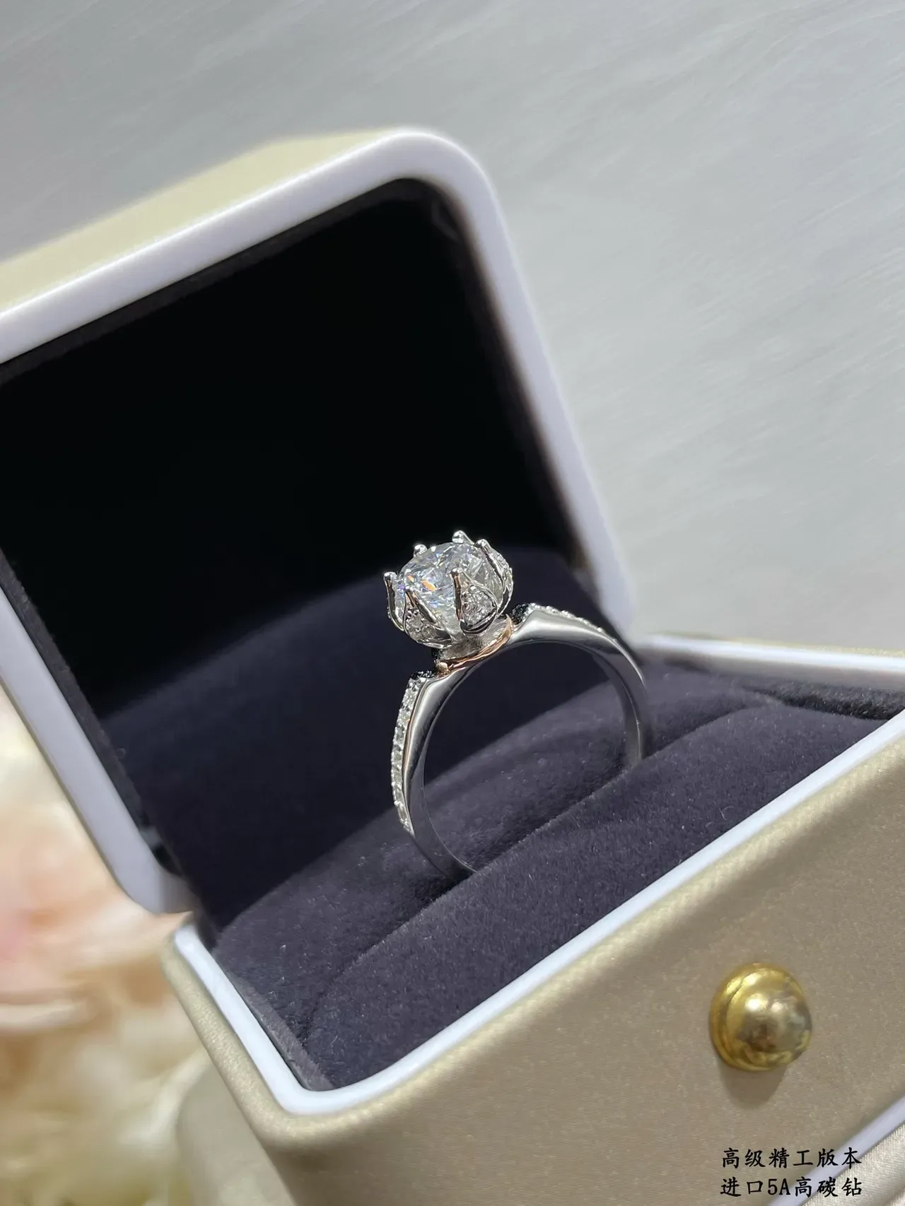 Silver Beige Solitaire Center Stone Pavé-Set Shoulders Ring 3