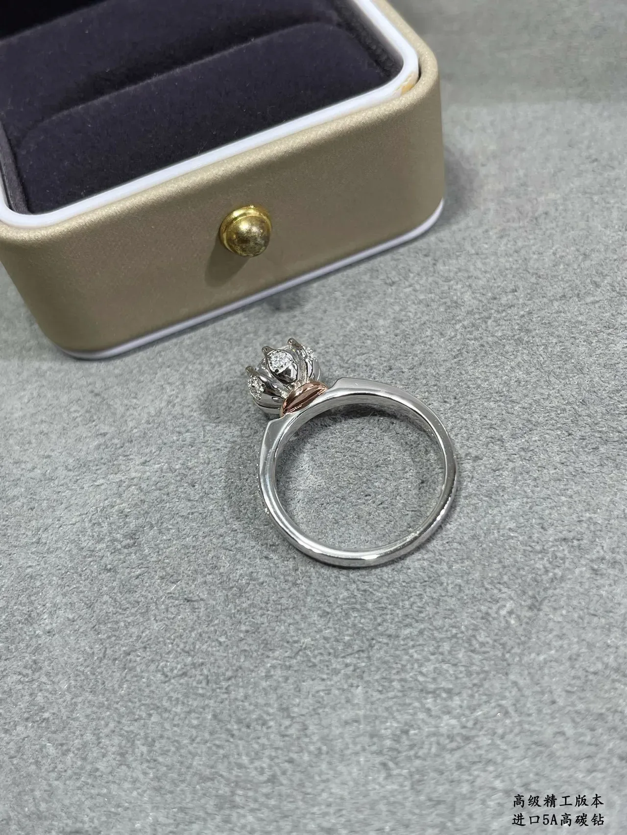 Silver Beige Solitaire Center Stone Pavé-Set Shoulders Ring 5