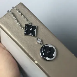 Collier Chaîne Argent Noir Émail Floral Pendants