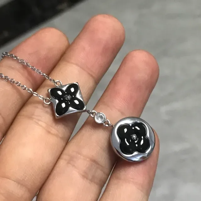 Silver Black Chain Enamel Floral Pendants Necklace 2