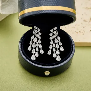 Brincos Prata Preto Chandelier Multi-Tier Pedra Pear-Cut Cascata