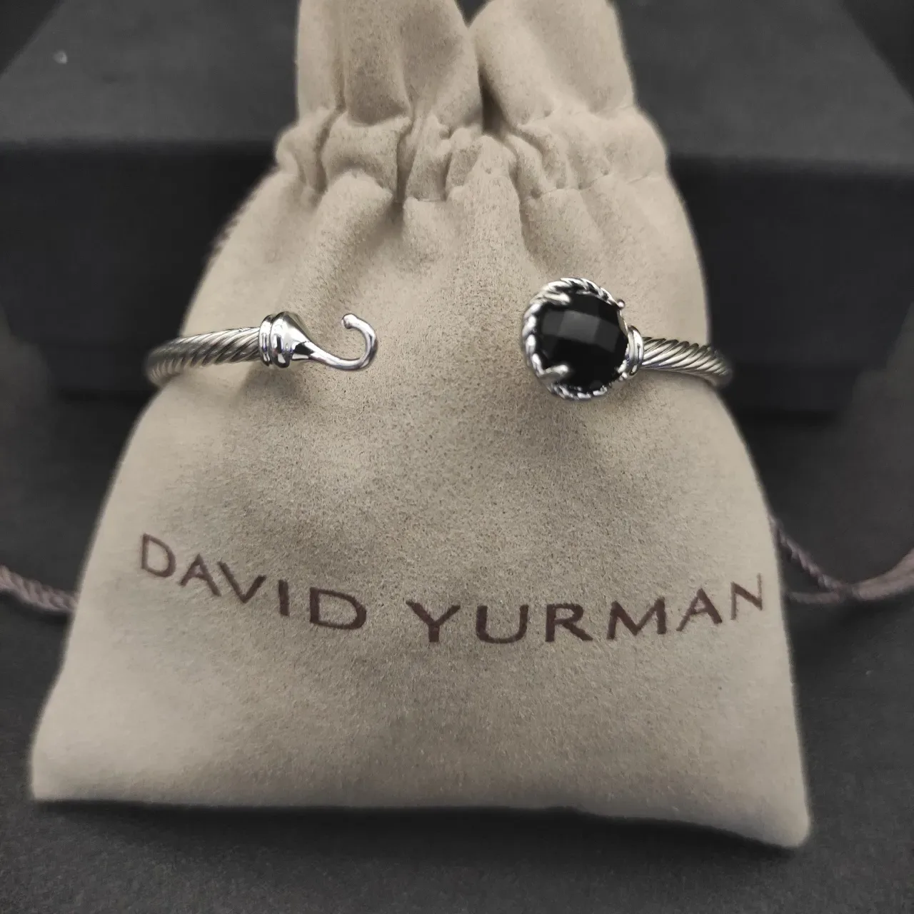 Silver Black Twisted Cable Wire Faceted Dark Stone Bracelet 4