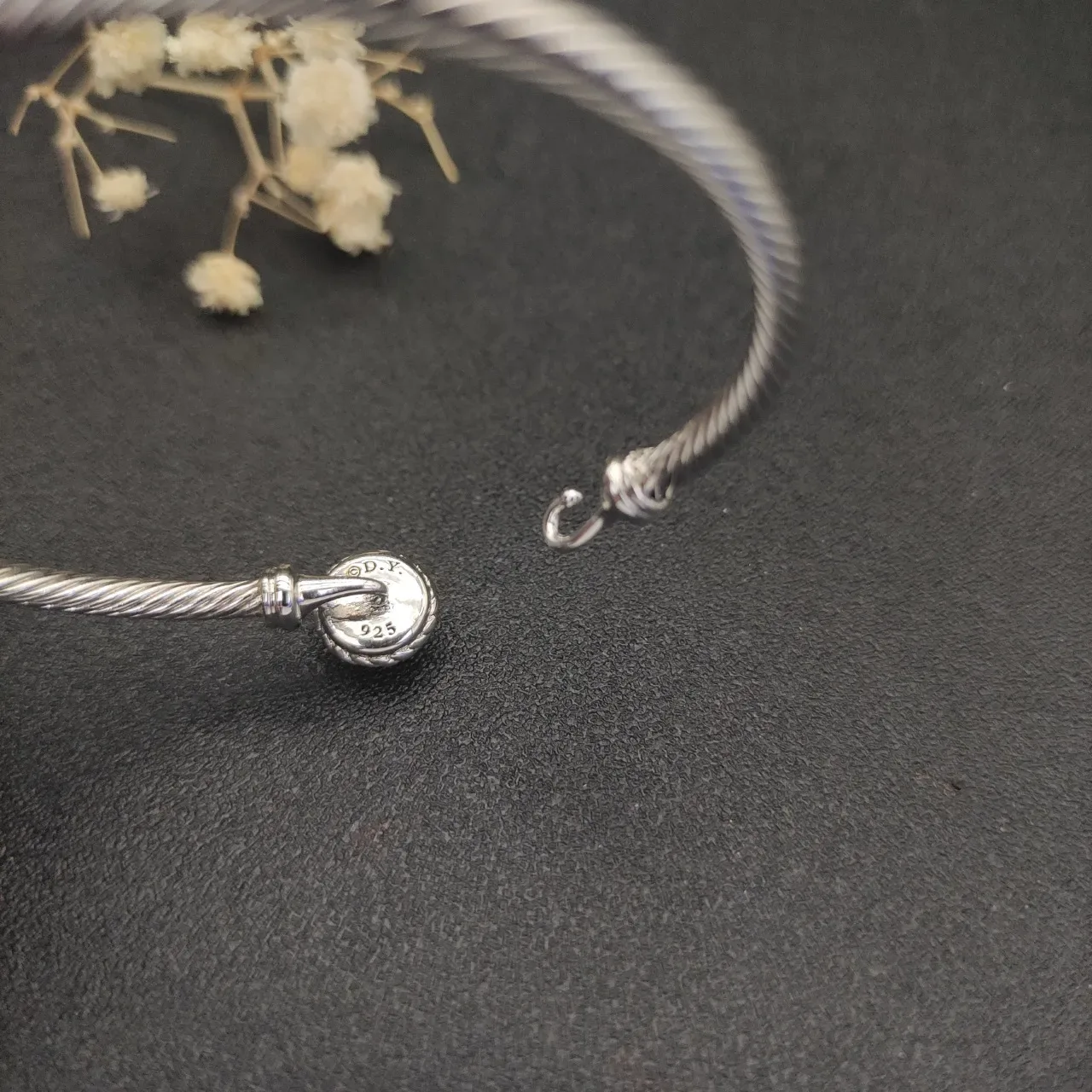 Silver Black Twisted Cable Wire Faceted Dark Stone Bracelet 8