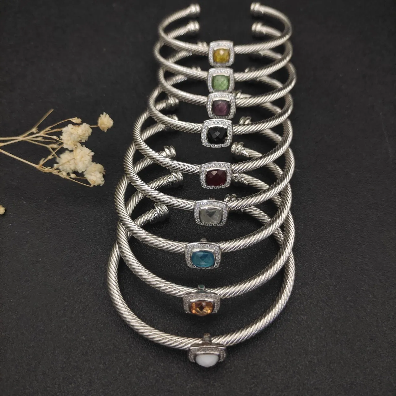 Silver Blue Twisted Cable Band Square Cushion-Cut Center Stone Bracelet 2
