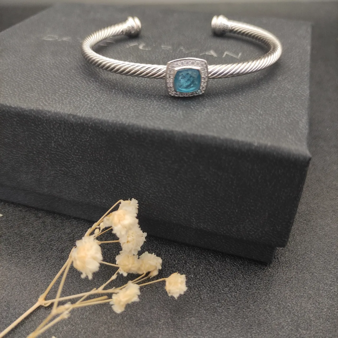 Silver Blue Twisted Cable Band Square Cushion-Cut Center Stone Bracelet 5