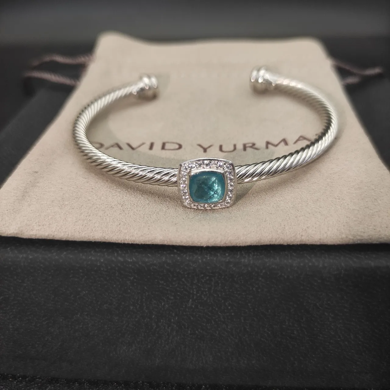 Silver Blue Twisted Cable Band Square Cushion-Cut Center Stone Bracelet 7