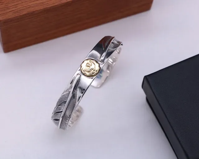 Silver Feather-Engraved Two-Tone Cuff Bracelet 3