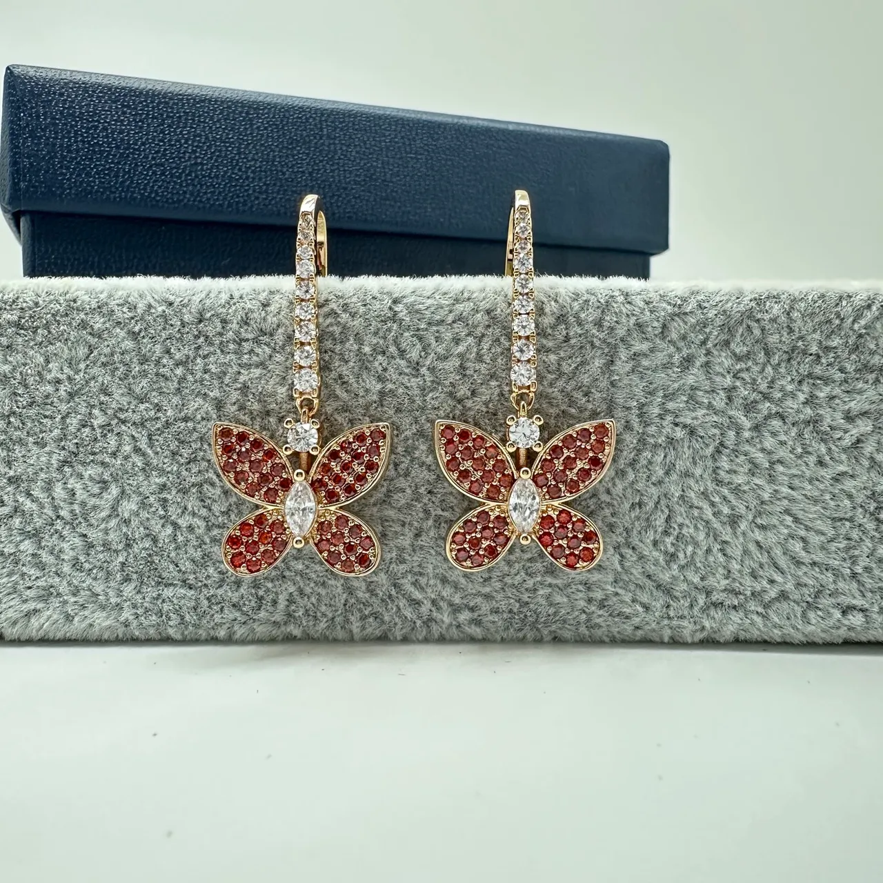 Silver Gold Butterfly Motif Pave-Set Stones Earrings 4