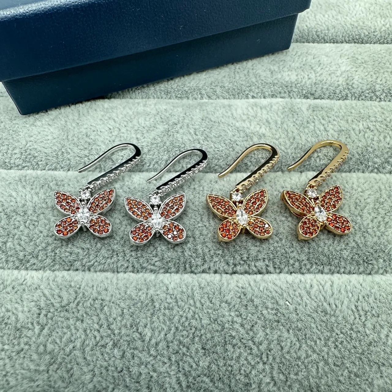 Silver Gold Butterfly Motif Pave-Set Stones Earrings 6