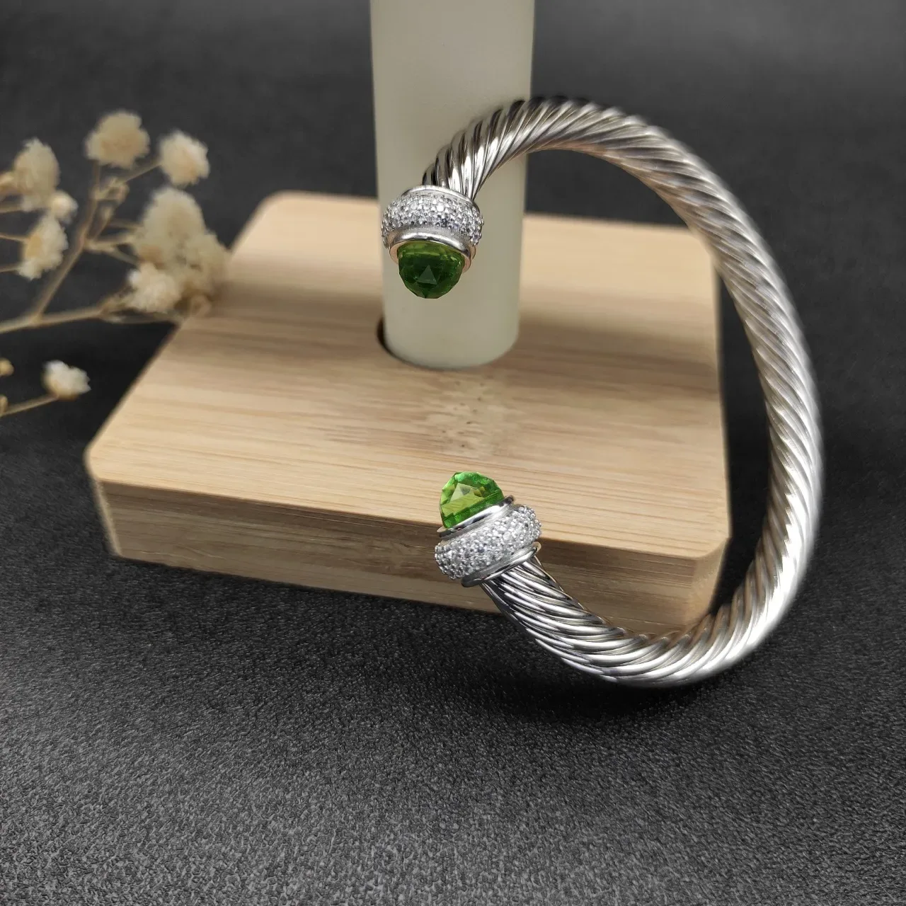 Silver Green Twisted Cable Pavé-Set Terminals Bracelet 3