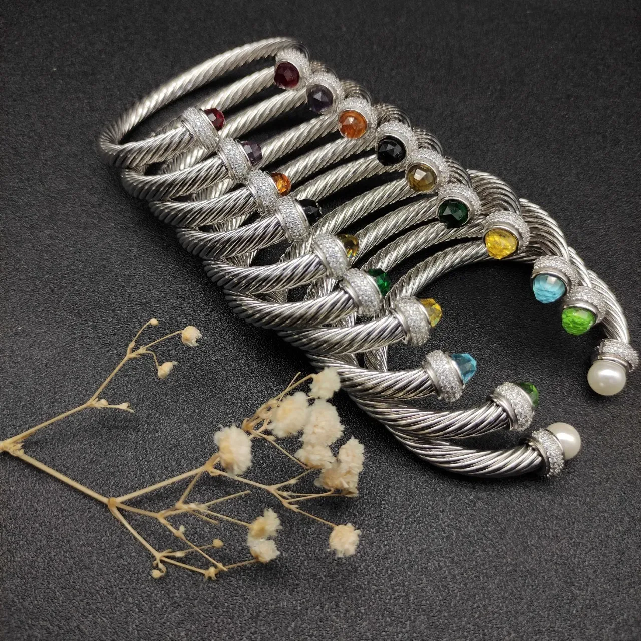 Silver Green Twisted Cable Pavé-Set Terminals Bracelet 4